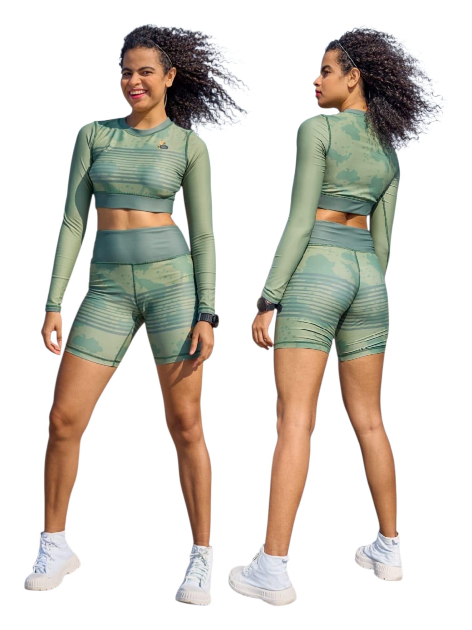 Sage Camo Activewear Set - Long Sleeve Crop Top & Biker Shorts