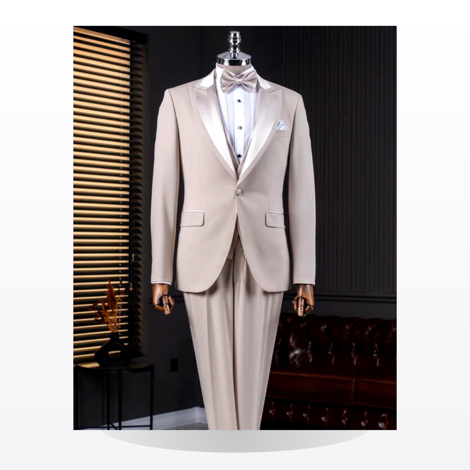 Cream Tuxedo Suit with Satin Lapels & Bow Tie